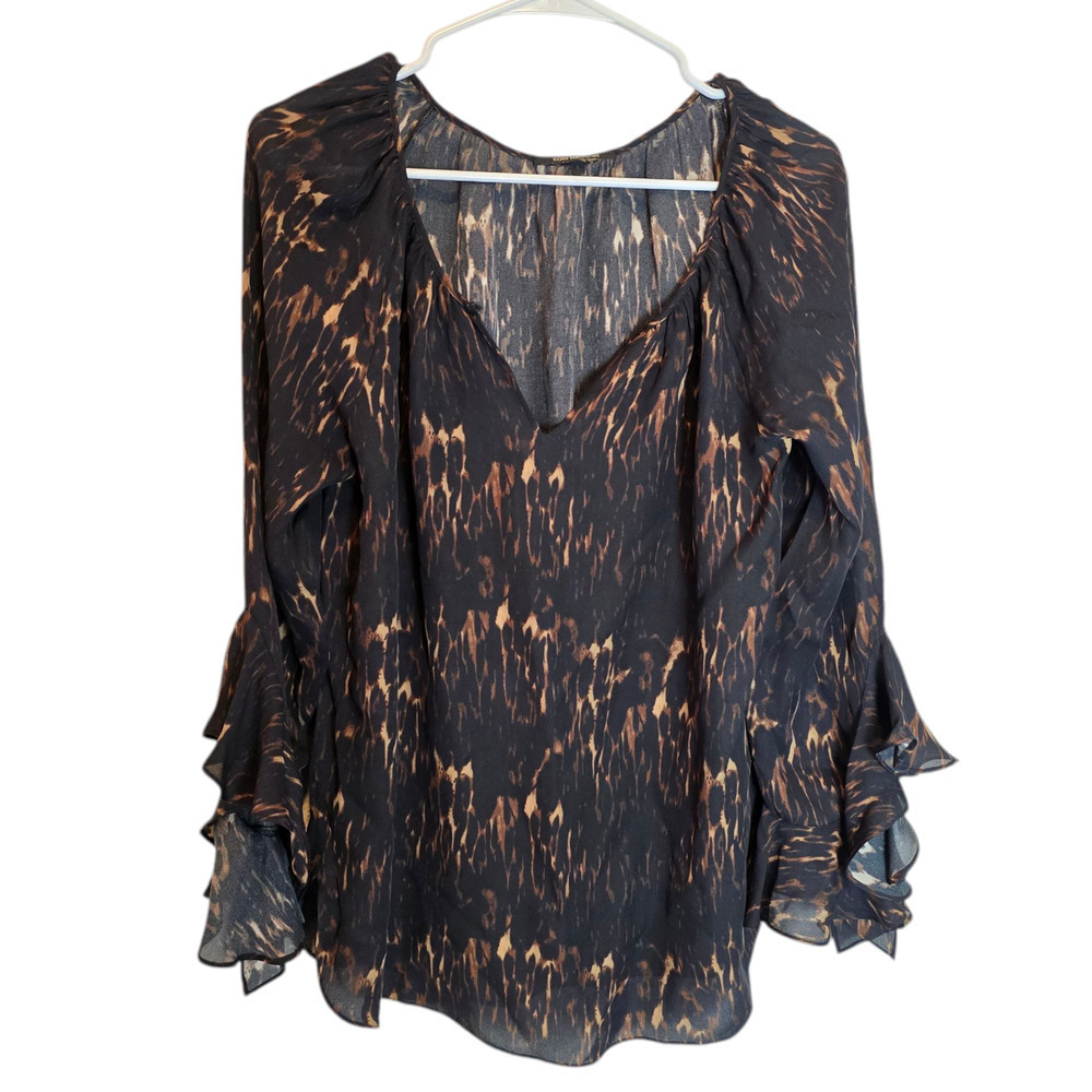 Kobi Halperin Silk Blouse Small Black Brown Abstract Ruffle Sleeve Top